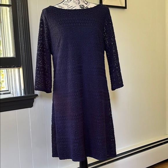 Navy Blue Lace Crochet Mini Sheath Dress 16 - Picture 1 of 8